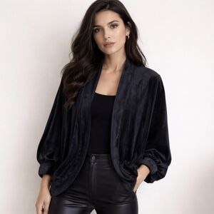 Max Studio Velour Cardigan Jacket Black Open Front Balloon Sleeves Women's Sz S